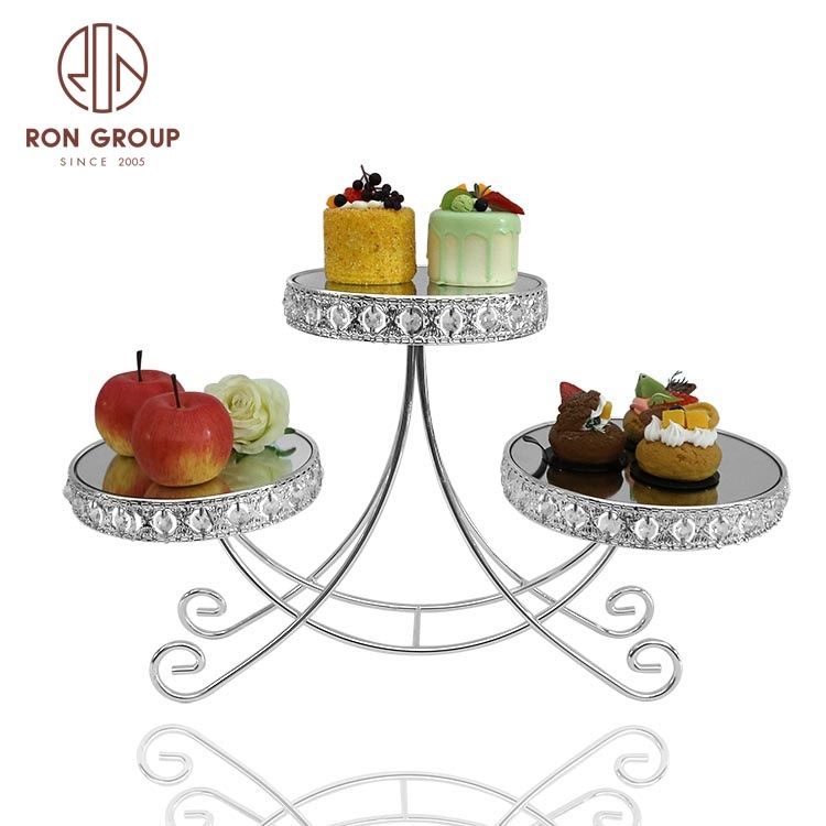 New Design Luxury OEM Party Wedding Banquet Decoration 3 Tier Round Metal Silver Cupcake Tray Mirror Cake Stand with Pearl Edge