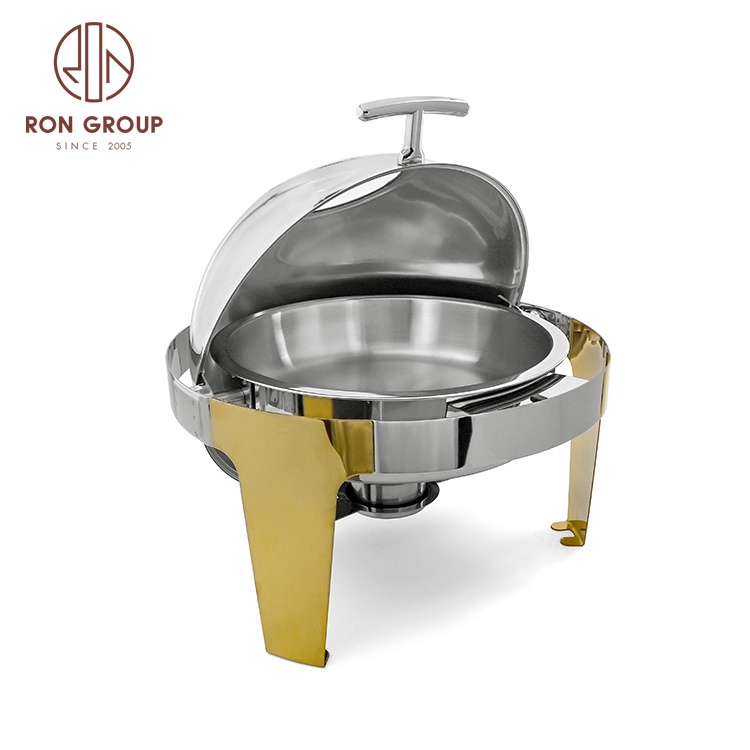 2023 Popular Wedding Restaurant Round Shape Silver Gold Chaffing Dishes Stainless Steel Buffet Stove Set Catering Food Warmers