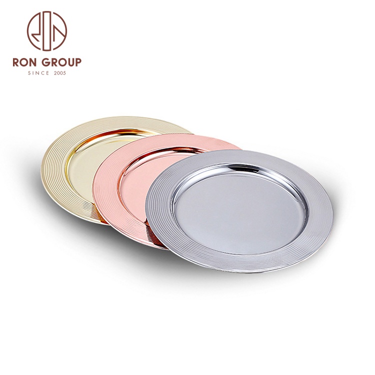 European flat restaurant tray dinnerware stainless steel serving dishes for wedding colored round charger plate wholesale