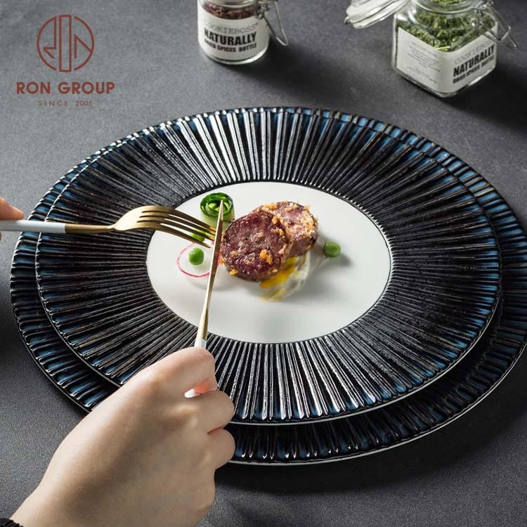 Cheap price high end restaurant event ceramic dinner flat black rim western porcelain dishes sets steak pasta plates for wedding