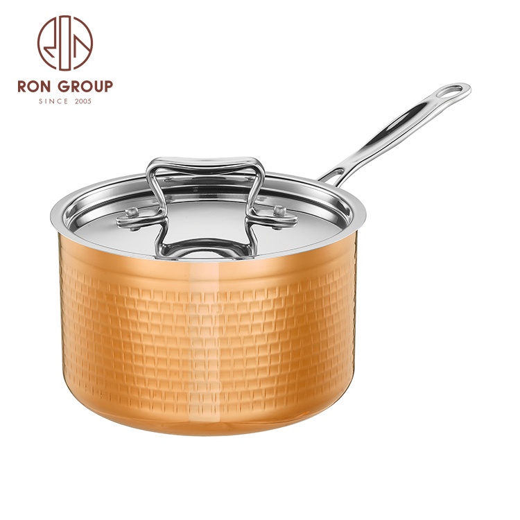 Tri-ply High Quality Gold Copper Cooking Non stick Sauce Restaurant Hammered Cookware Set Kitchen Stainless Steel Pot