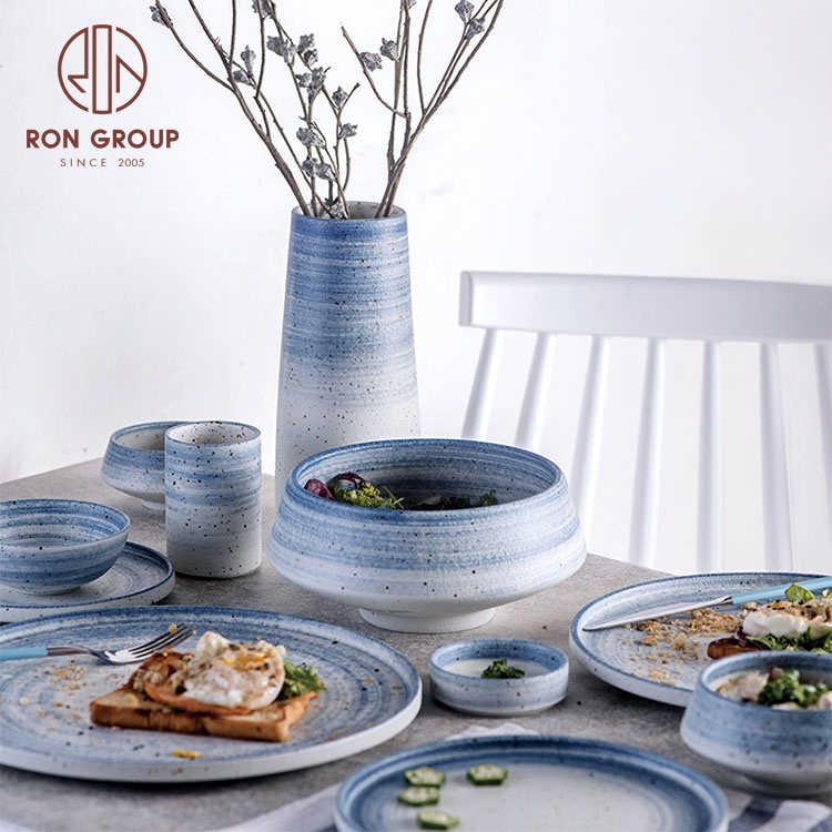 Creative design wedding hand painted blue speckle glaze tableware Nordic dinner restaurant bowl cup dishes pottery dinnerware