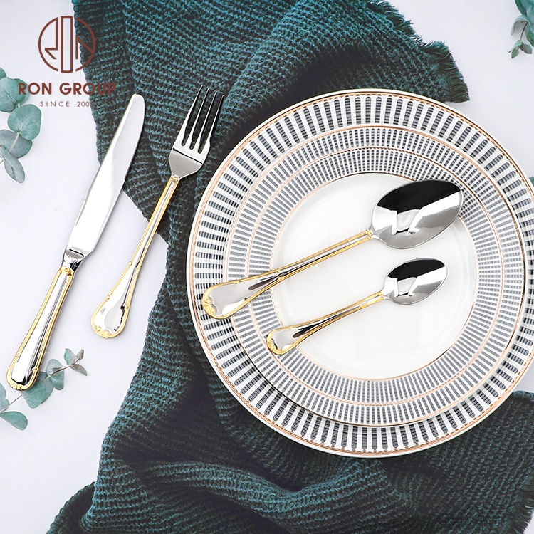 Wedding Mirror Shiny Polished Elegant Silver Stainless Steel with Gold Rim Restaurant Canteen Cutlery Flatware Set