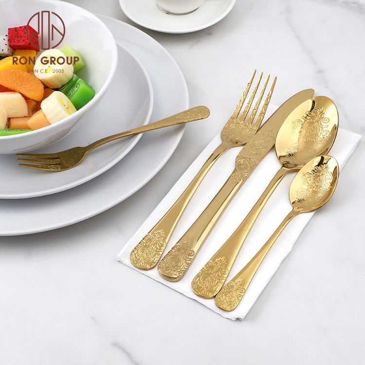 New arrival wholesale restaurant retro style stainless steel wedding model carved pattern flatware silverware gold cutlery set