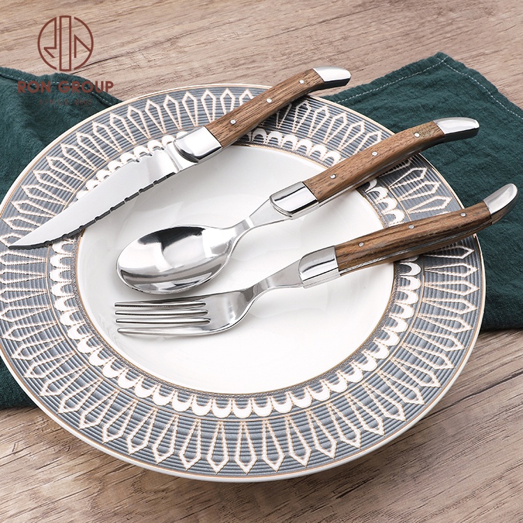 Functional High Quality Factory Fork Silver Wooden Handle Color Knotted Design Silverware Flatware Stainless Steel Cutlery Set