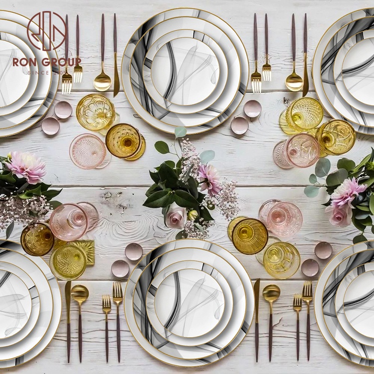 High Quality Luxury Modern Gold Rim Bone China Restaurant Charger Porcelain White Dinner Ceramic Dishes Set Plate for Wedding