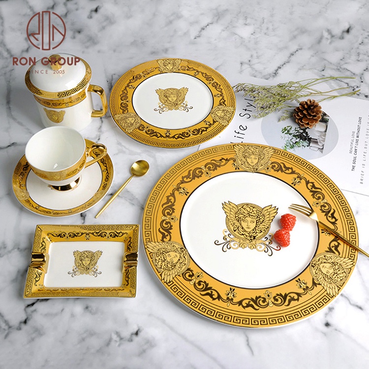 Cheap price special design luxury restaurant gold rim event mug bowl spoon plate cup tableware dinnerware crockery dinner sets
