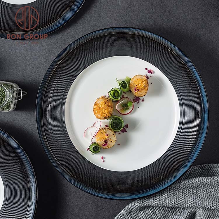 Wholesale restaurant banquet hotel french meal nordic ceramic dinnerware sets pasta steak dish tableware black dinner plates