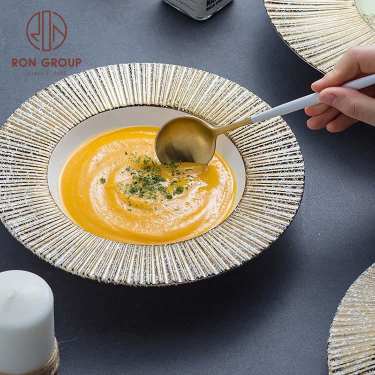 High quality new style restaurant wedding banquet gold rim white dinner porcelain ceramic plates sets dinnerware modern