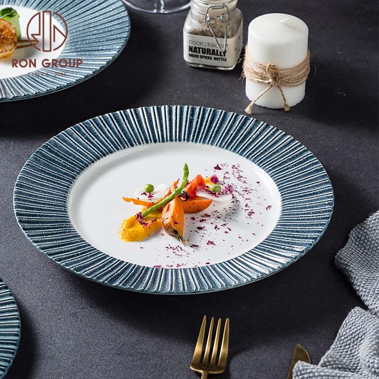 High quality cheap price restaurant hotel banquet luxury porcelain dinner set bulk blue rim white main meal ceramic plate