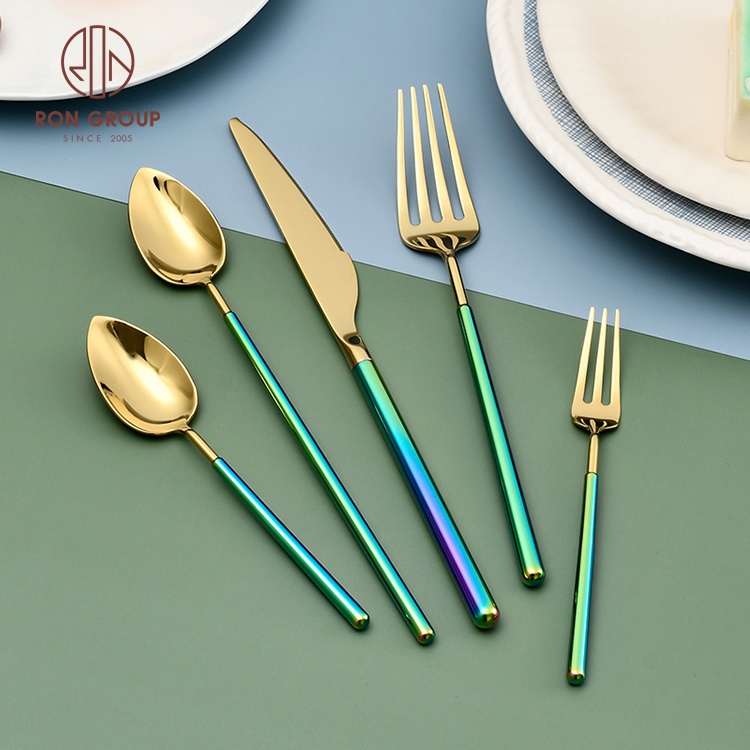 Hot sale colourful hotel wedding silverware polished green gold cutlery for party restaurant stainless steel flatware set