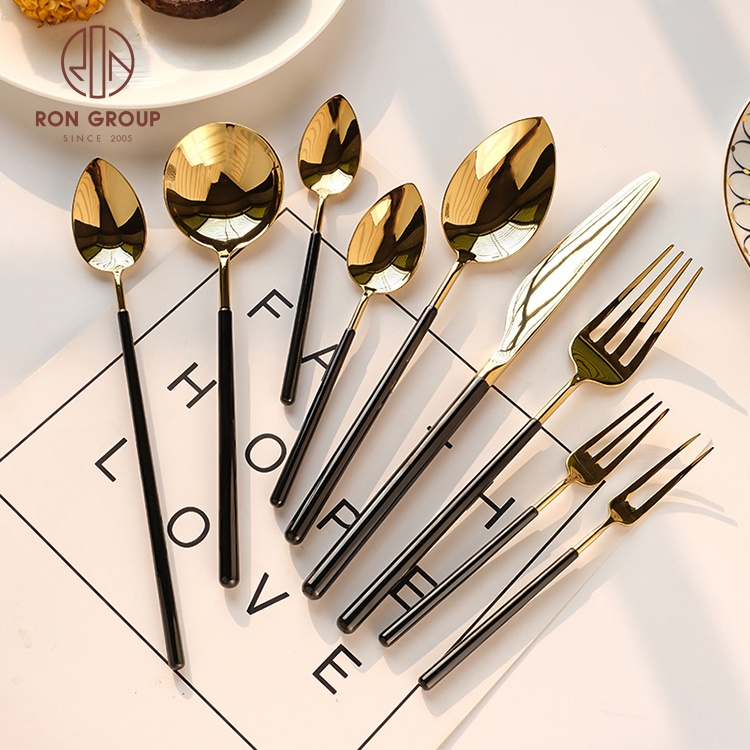 Round Black Handle Stainless Steel Knife Fork Spoon Cutlery Restaurant Event Wedding Tableware Dinnerware Set Gold Silverware
