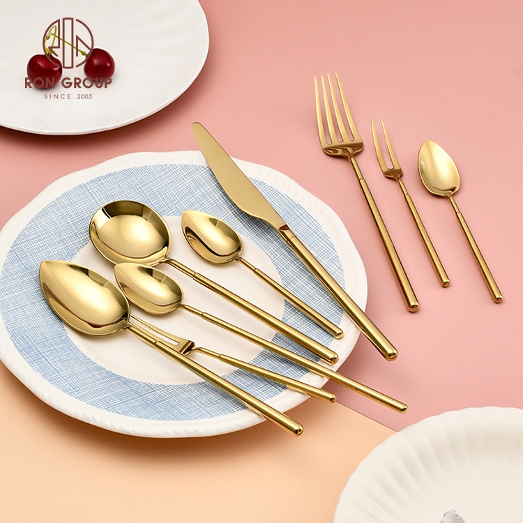 Wholesale Plated Restaurant Round Handle Collection Stainless Steel Tableware Spoon Knife Fork Cutlery Gold Silverware Set