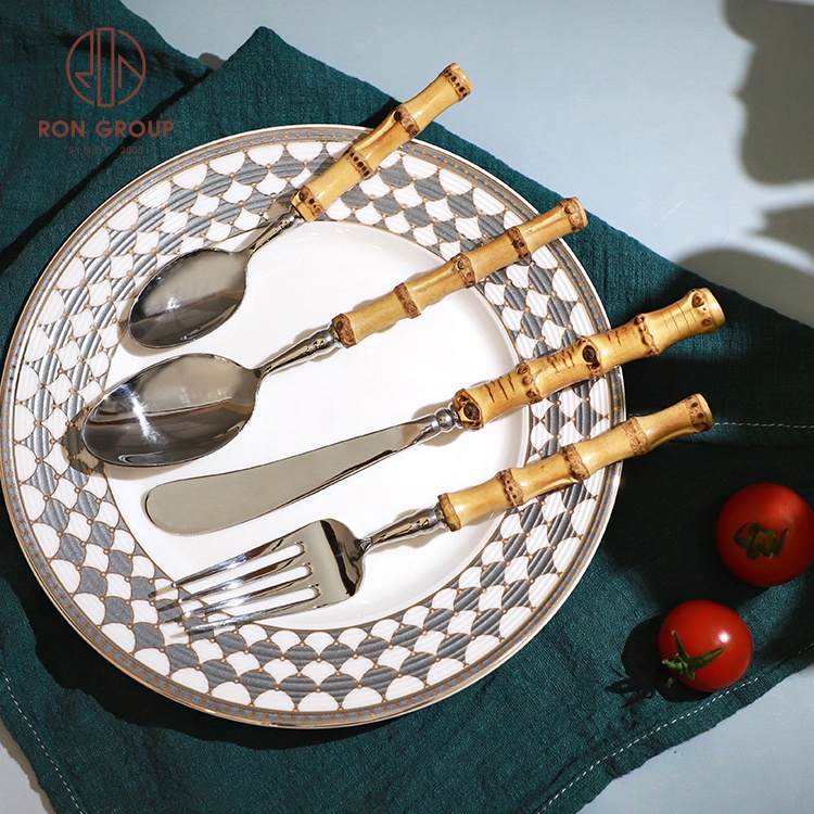 New design flatware original wood handle cutlery stainless steel silver restaurant hotel event fork spoon set bamboo silverware