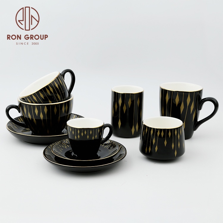 Bulk modern wedding party luxury milk tea drinking sets restaurant porcelain black ceramic coffee cup