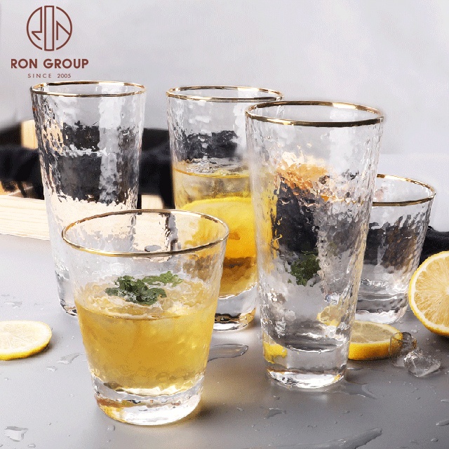 Hammer pattern water restaurant transparent juice cold drink beer gold rim cup beverage red wine glasses set for wedding
