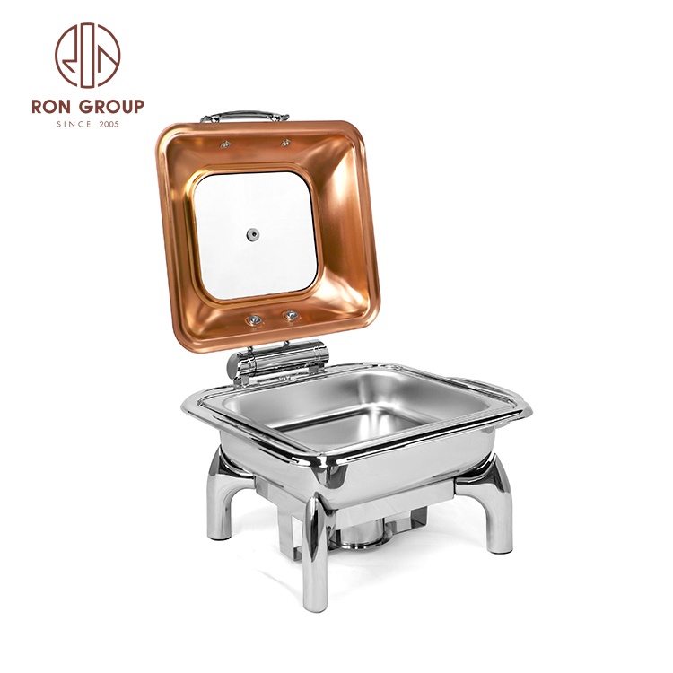 Hotel Restaurant Server Stainless Steel Square Rose Gold Luxury Food Warmer Hydraulic Chafing Dish Buffet Set