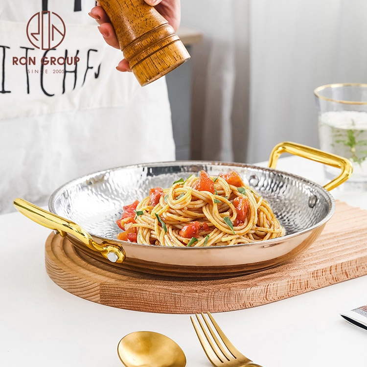 High Quality Stainless Steel Restaurant Kitchen Seafood Gold Double Handle Frying Pan Cooking Pot Set Non Stick Cookware