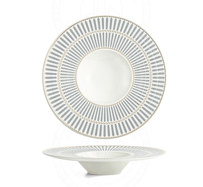 Wholesale Cheap Price Wedding Banquet Deep Food Dinner Porcelain Ceramic Round Retro Salad Dish Soup Pasta Plate with Gold Rim