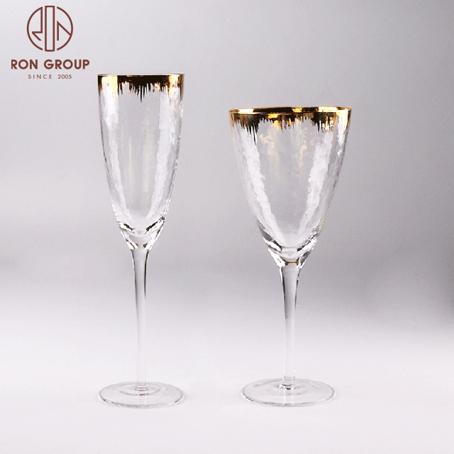Wholesale Custom Hammered Crystal Gold Rim Champagne & Wine Glasses for Wedding Banquet Events