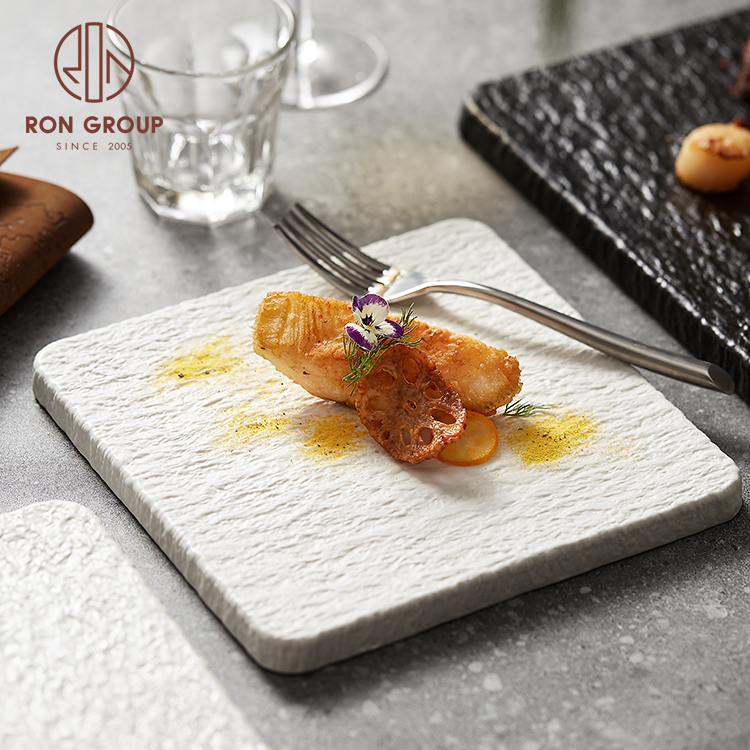 Matte White & Black Square Stoneware Dinner Plates for Western Steak Restaurants Wedding Ceramic Plate