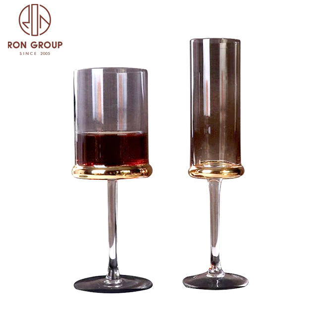 Modern Cylinder Crystal Champagne Flutes with Gold Base for Weddings & Premium Bars