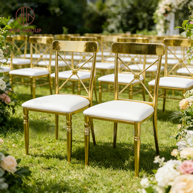 Stackable Gold Stainless Steel Cross Back Wedding Chairs with Soft Vinyl Cushion