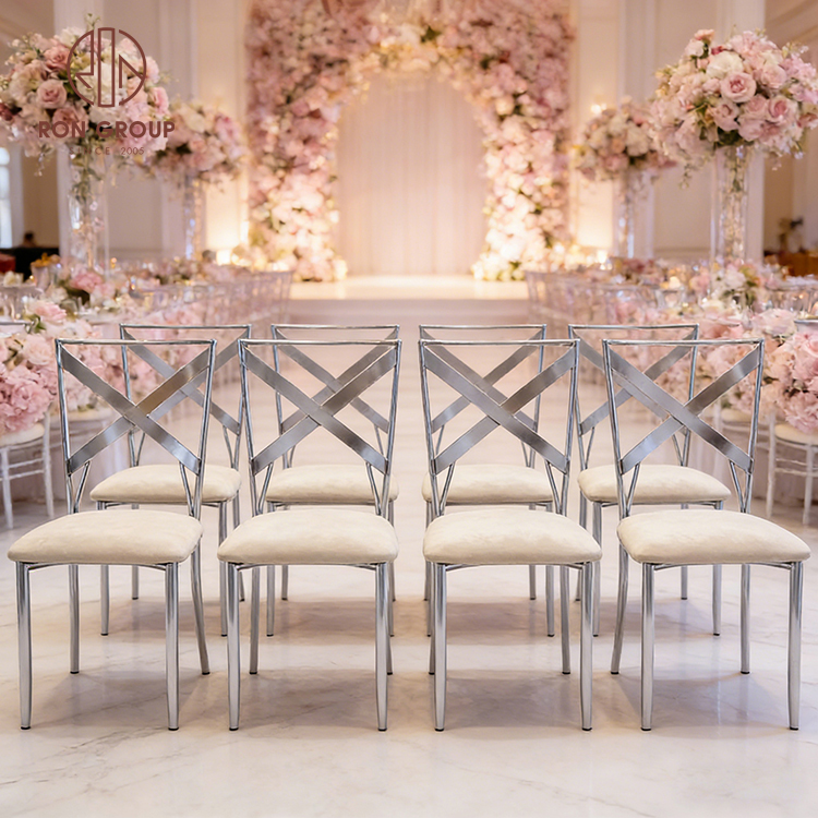 Modern Silver Stainless Steel Cross Back Wedding Chair with Cream Velvet Cushion