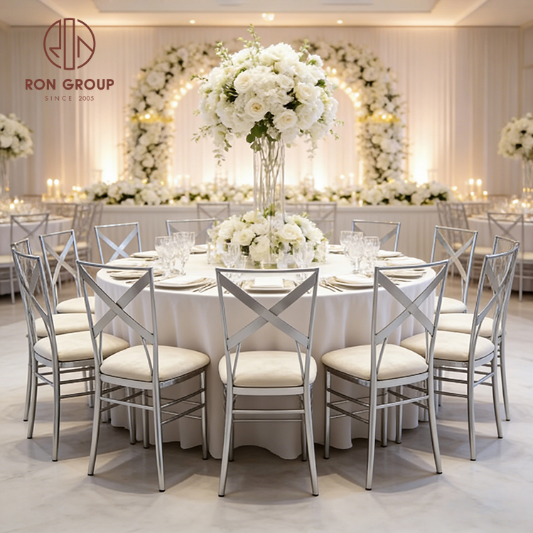 Modern Silver Stainless Steel Cross Back Wedding Chair with Cream Velvet Cushion