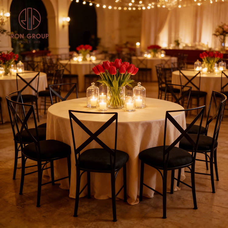 Modern Matte Black Stainless Steel Cross Back Chair with Padded Seat for Events