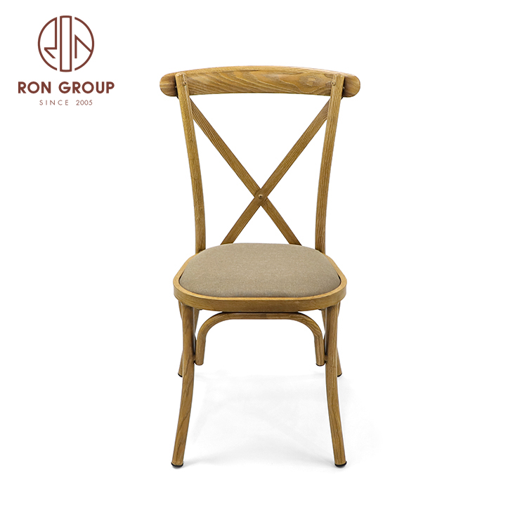 Hot Sale Wholesale Event Outdoor Party Stainless Steel Wooden Color with Cushion for Wedding Vintage Metal Cross Back Chairs