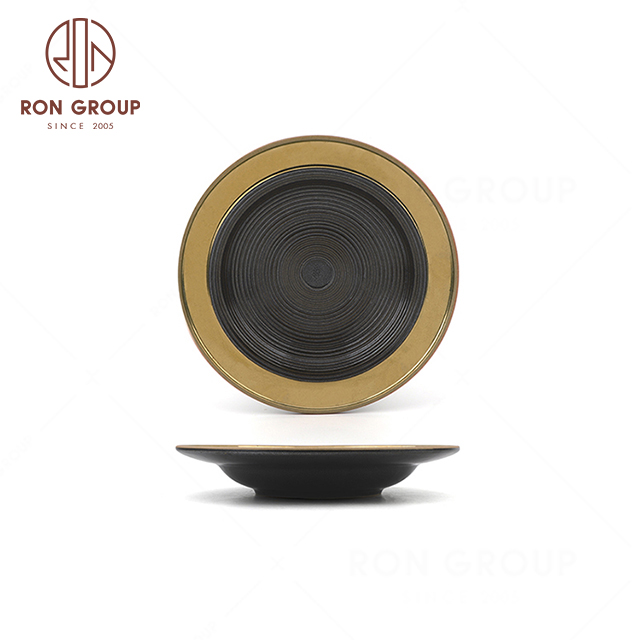 High-end quality hotel restaurant modern 10.25 inch Gold plated elegant thread texture soup plate ceramic plate