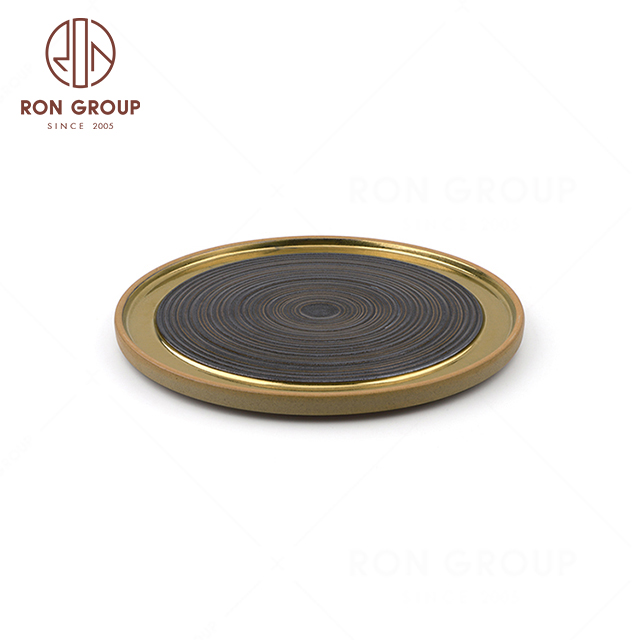 Hot sale cheap restaurant Gold plated 9.5 11 12 inch elegant thread grain round dinner plate ceramic plate