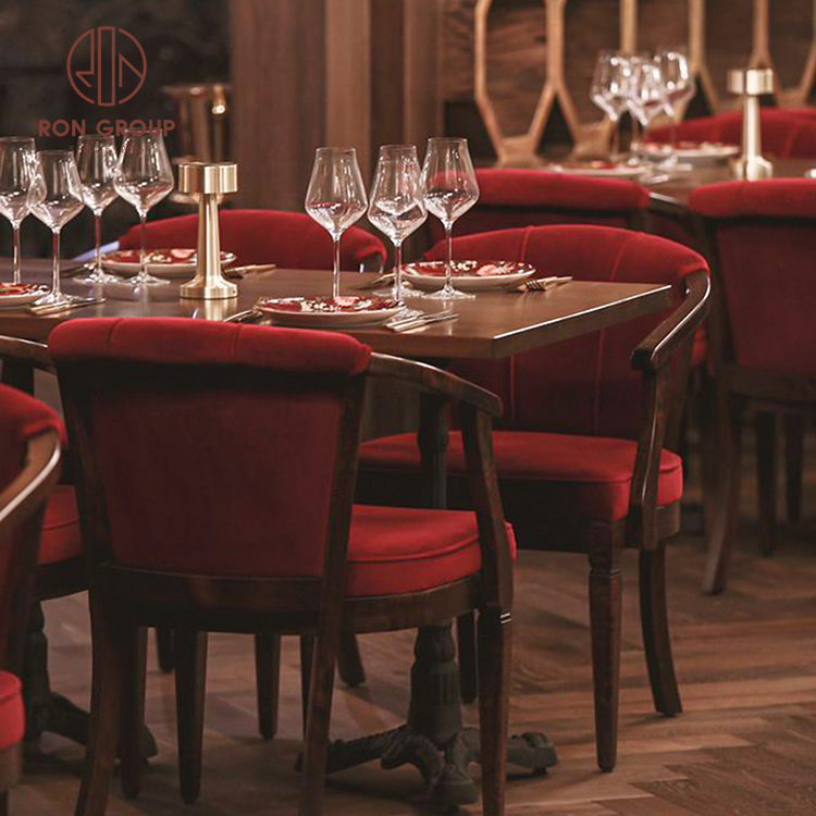 Solid Wood Restaurant Furniture Set with Red Velvet Dining Chairs for Cafe & Bistro Spaces