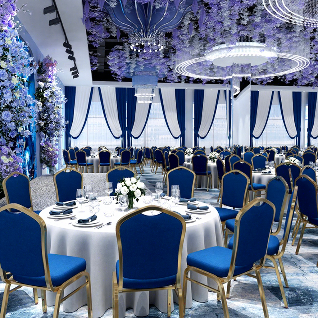 Royal Blue & Champagne Gold Stackable Banquet Chair for Hotel Wedding Receptions