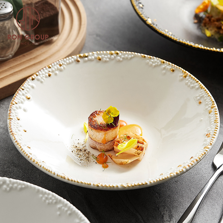 Nordic Gold Rim Hat Shape Porcelain Deep Pasta & Ramen Bowls for Wedding Service