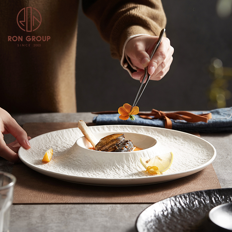 Nordic Wide Rim White Ceramic Soup Plates for Wedding & Fine Dining